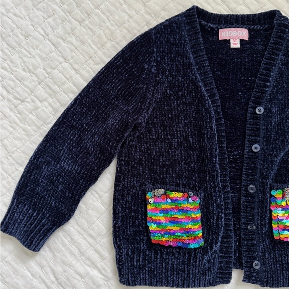 Kidbox navy chenille flip sequin cardigan 3T - Picture 2 of 5